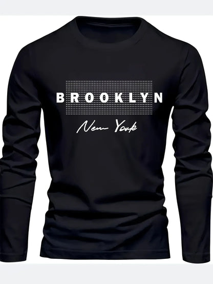 Brooklyn New York Printed Men's 100% Cotton Loose and Comfortable Sports and Leisure Round Neck Long Sleeve T-shirt Top