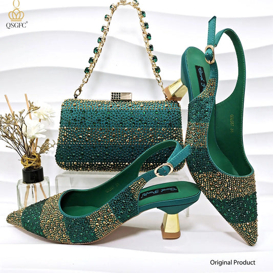 Nigerian Women Heel Ladies Italian Luxury Design Green Shoes And Bag Set Decorated with Rhinestone Handbag Wedding Party