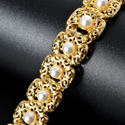 Conjunto de joias de luxo Dubai para mulheres, moderno, colar de pérolas, pulseira, anel, brincos, conjunto de joias banhadas a ouro 18k