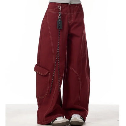 Calça Cargo Jeans Casual Vermelha Feminina Calça de Trabalho Folgada Reta Perna Larga Calça Coreana Primavera Estilo Preguiçoso Confortável Chique