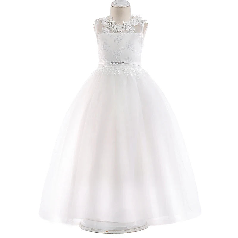 Teen White Lace Bridesmaid Dresses Flower Bow Kids Dress For Girl Ceremony Party Wedding Evening Dress Gown Vestido 10 14 Years