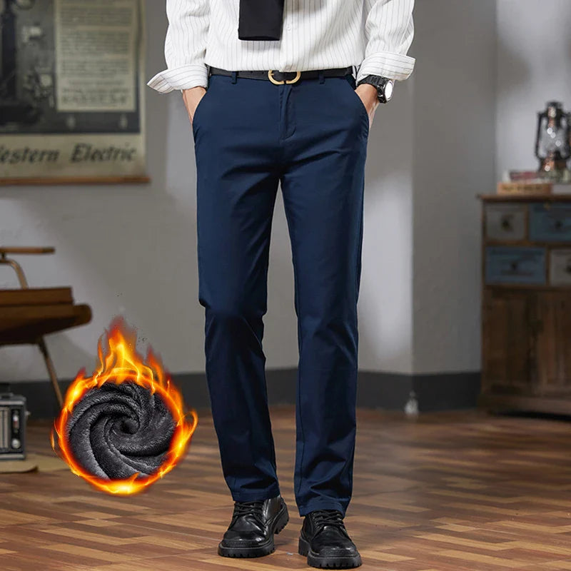 Fleece Winter Casual Pants Men Straight Stretch Soft Warm Velvet Trousers Comfortable Fashion Slim Plush Business Male Pants