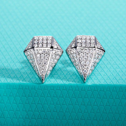 Rhombus Earrings 0.94cttw Moissanite Hip Hop Style 925 Sterling Silver Frosty Heavy Metal Stud for Women & Men