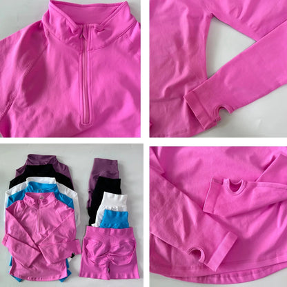 2pcs Long Sleeve Yoga Set Women Half Zippy Jacket Longline Sports Top Gym Shorts Fitness Suits Running Coats Workout Set
