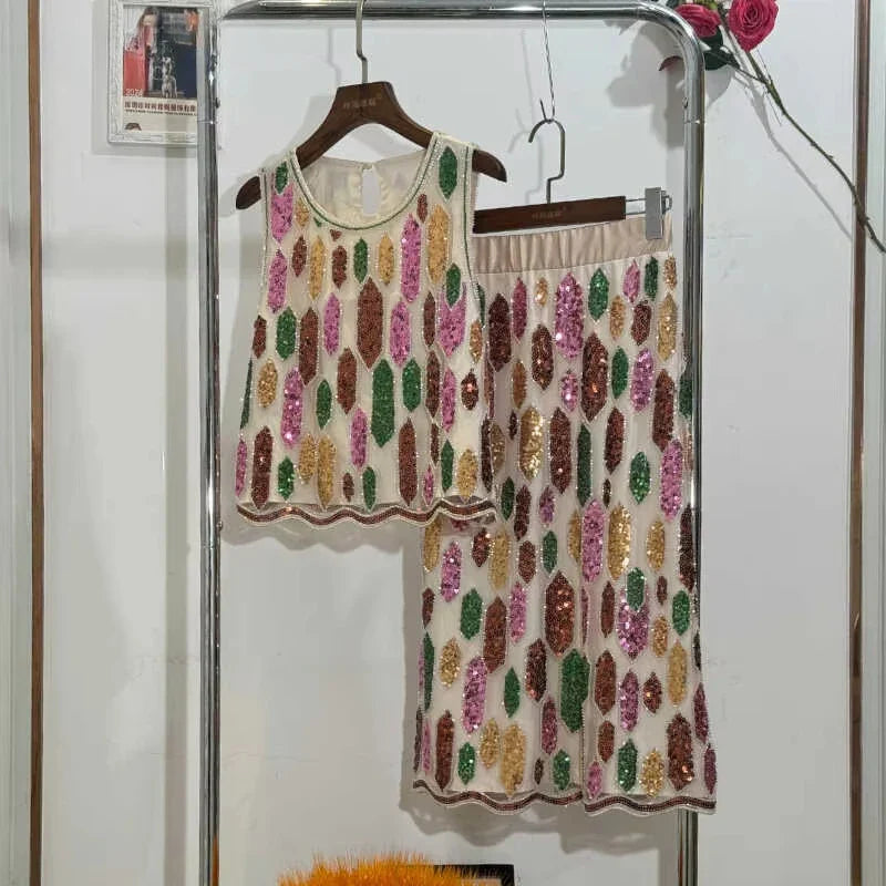 2025 Summer New Beach Holiday Handmade Beaded Sequins Internet Hot O-neck Vest Camisoles Top And Skirt Women's Slim Fit Clothes
