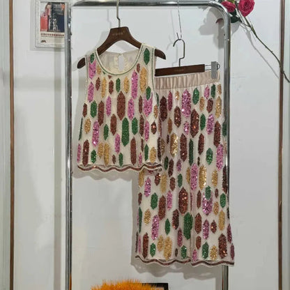 2025 Summer New Beach Holiday Handmade Beaded Sequins Internet Hot O-neck Vest Camisoles Top And Skirt Women's Slim Fit Clothes