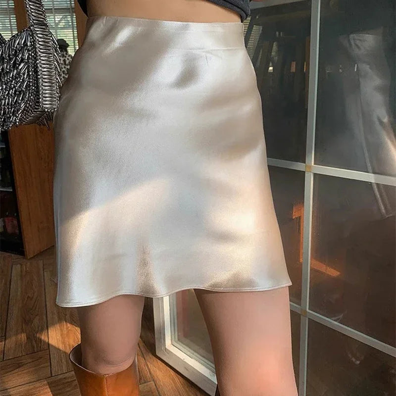 2026 Summer Lady High Waist Thin Acetate Satin Skirts Lady Solid Color A-line Dresses Girls Chic Korean Fashion Skirts