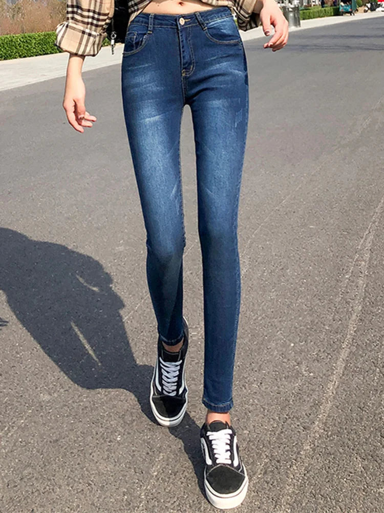 Women Spring Stretchy Skinny Pencil Pants Lady High Waist Vintage Jeans