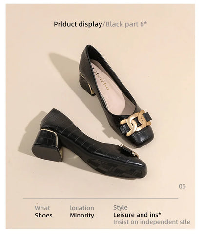Plus Size 35-43 Women Pumps Med Heel Square Toe Pumps Office Lady Leahter Shoes Big Gold Metal Chain Soft Soles Slip on Shoes