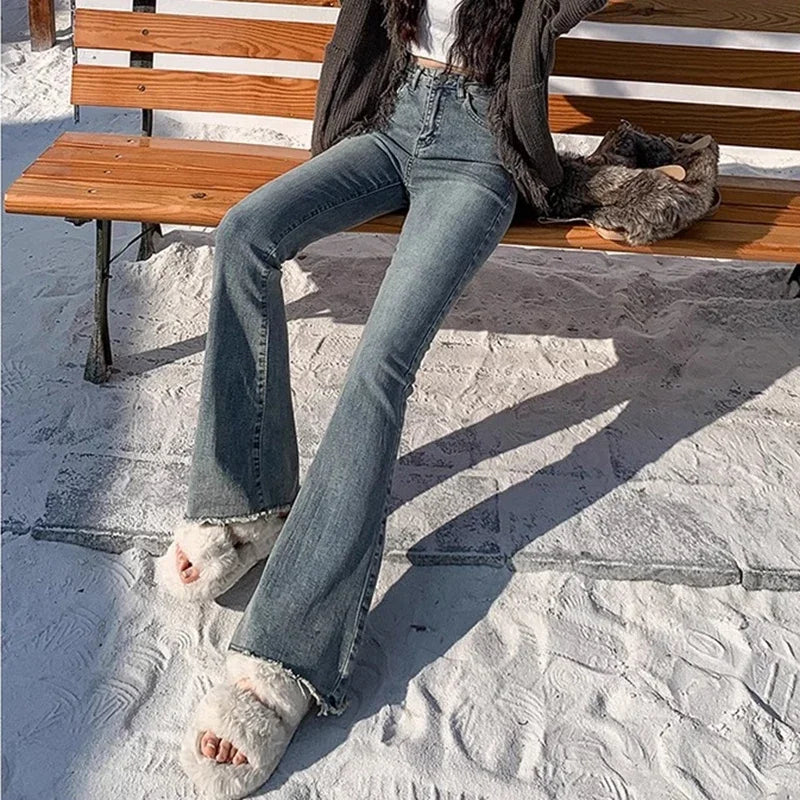 2024 Woman High Waist Vintage Flare Jeans Female Gothic Elastic Bell Bottom Pants Lady Streetwear Blue Black Grey Denim Trousers