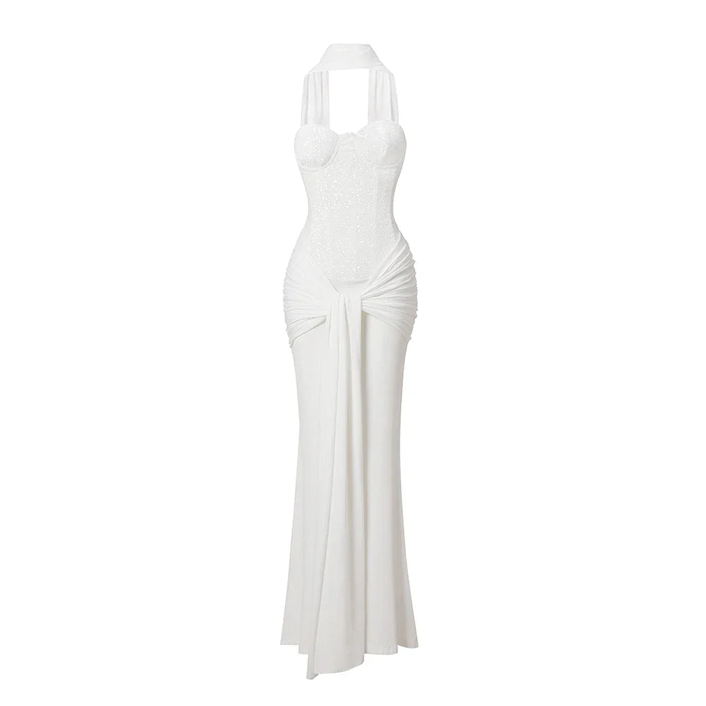 Women's Evening Dress Luxury Elegant Velvet White Long One-piece Dress Gown Sequins Birthday Cocktail Party Dresses