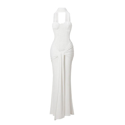 Women's Evening Dress Luxury Elegant Velvet White Long One-piece Dress Gown Sequins Birthday Cocktail Party Dresses