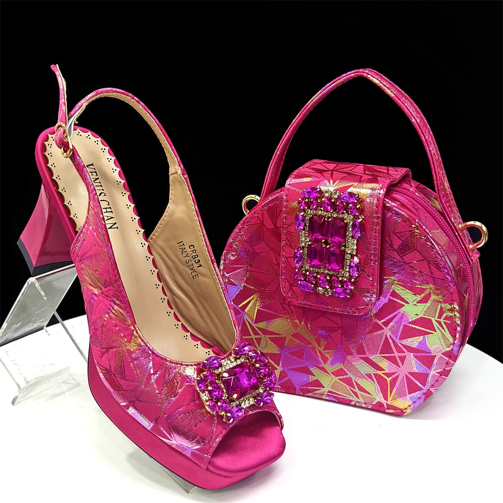 Elegant Women Heels for Peep Toe Good Material Design Rhinestone Fuchsia Sandals Italian Shoes and Bags Matching Set 2025
