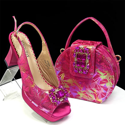 Elegant Women Heels for Peep Toe Good Material Design Rhinestone Fuchsia Sandals Italian Shoes and Bags Matching Set 2025