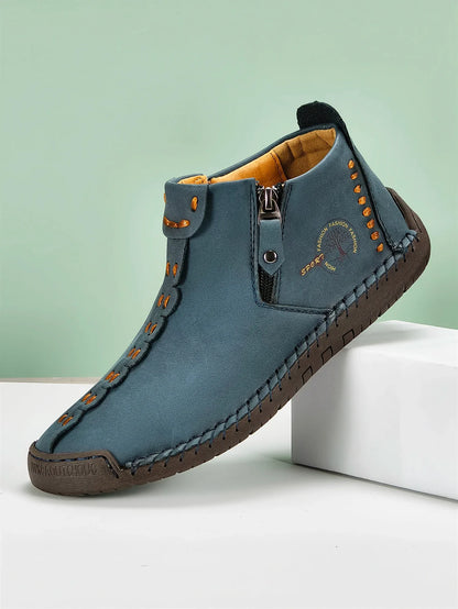 New Classic Handmade Leather Men Shoes Zipper Design Outdoor Sneakers Slip On Breathable Casual Shoes Leather Men Ankle Boots