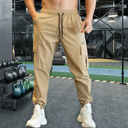 Mens Fast Dry Stretch Long Pants Elastic Waist Casual Drawstring Solid Color Ice Silk for Male Business Fashion Sports Trousers