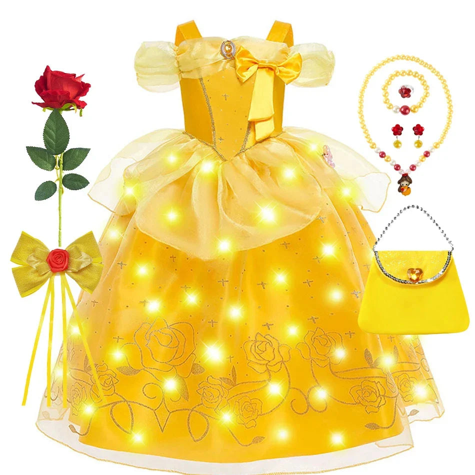 Beauty Belle Princess Cosplay Dress Girl Yellow Floral Off Shoulder Mesh Kid LED Light Halloween Costume Birthday Surprise Gift