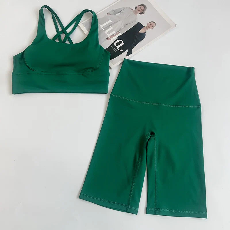 2 Pieces Yoga Shorts Gym Sports Sets Women Fitness Suits Cross Back Bra Top High Waist Shorts Running Workout Tracksuit👚👍️