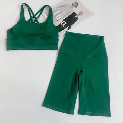 2 Pieces Yoga Shorts Gym Sports Sets Women Fitness Suits Cross Back Bra Top High Waist Shorts Running Workout Tracksuit👚👍️