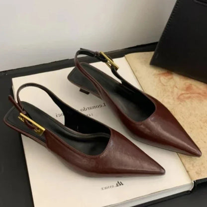 Sexy Pointed Toe Mid Heels Sandals Women Shoes Slingback Summer 2025 Trend Dress Leather Pumps New Elegant Party