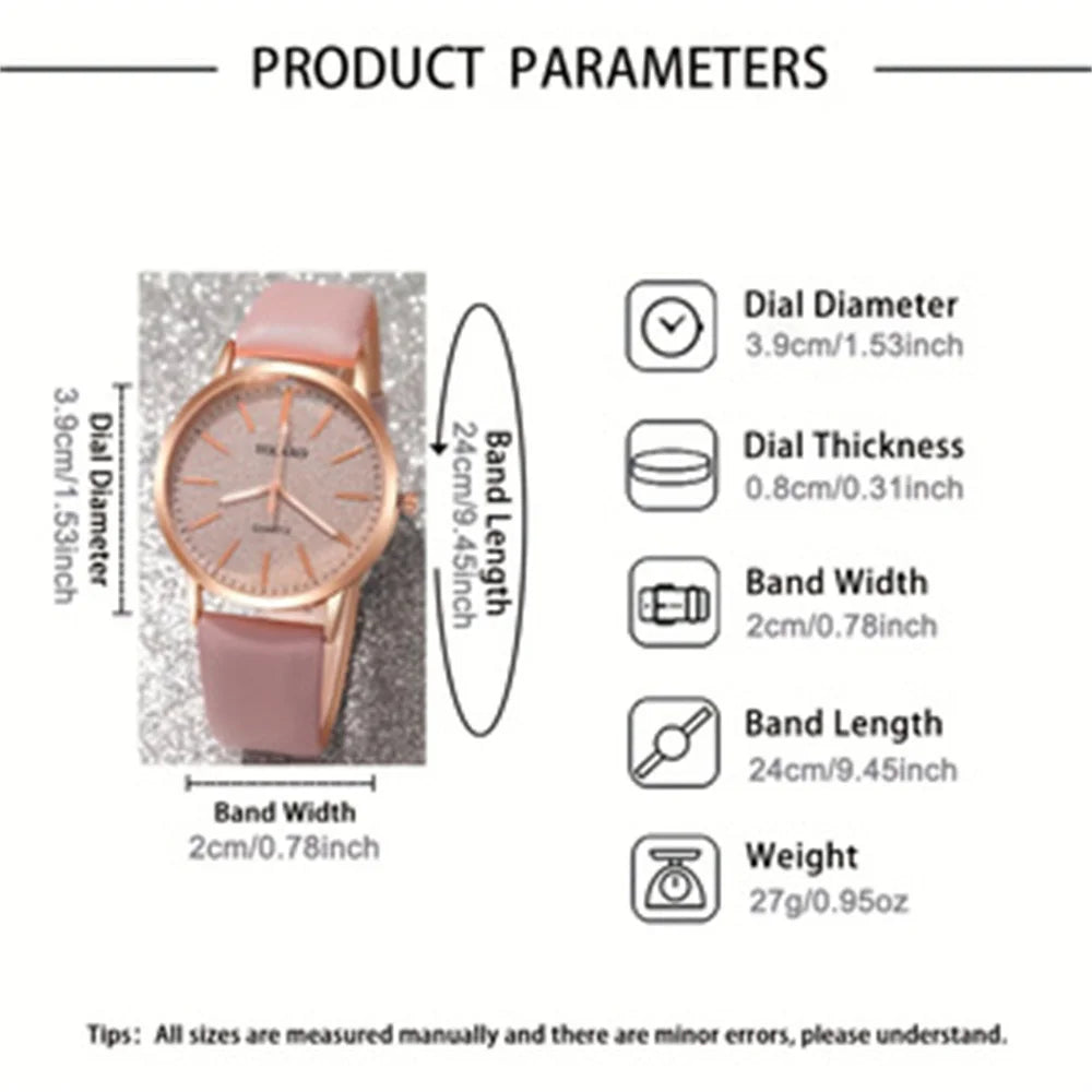 2PCS/Set Women's Watch Shiny Fashion PU Leather Analog Quartz Watches Rose Flower Bracelet