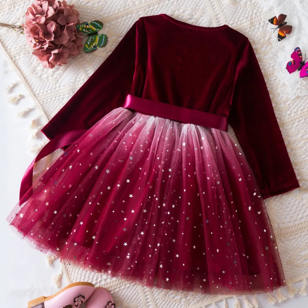 Bear Leader Autumn Winter Long Sleeved Girls Dresses Christmas Red Kids Wear Korean Version Star Gradient Mesh Princess Dress