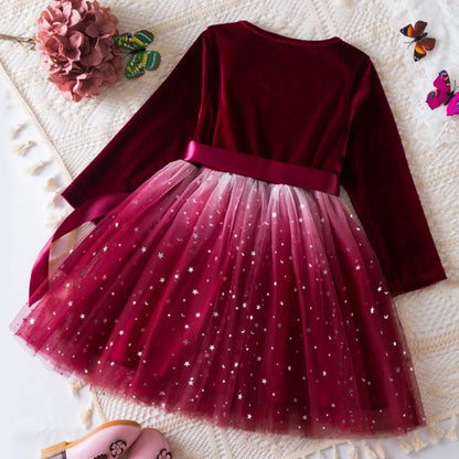 Bear Leader Autumn Winter Long Sleeved Girls Dresses Christmas Red Kids Wear Korean Version Star Gradient Mesh Princess Dress
