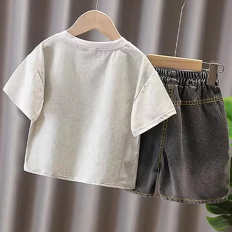 Boys Summer 2Pcs Outfit Casual Letter Print Short Sleeve T-shirt + Elastic Waist Denim Shorts Kids Streetwear Clothes Set 2-7Y