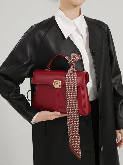 Genuine Leather Handbag with Scarf | Luxury Designer Trendy Shoulder Bag Solid Color Commuting Bag | bags for women gift