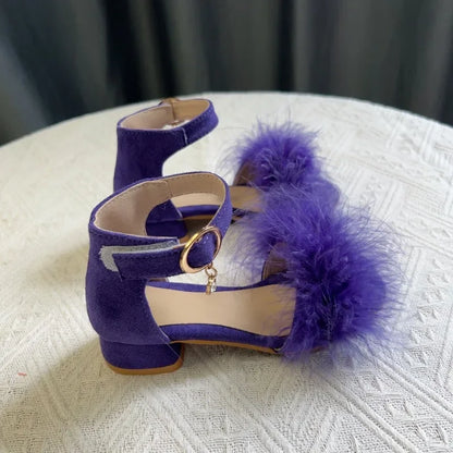 New Girls Low-heels Sandals Summer Fluffy Kids Princess Catwalk Shoes Open-toe Versatile Children Fashion Wedding Party Sandals