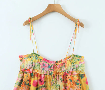 Flower Print Spaghetti Strap Mini Dress Women Backless Skater Lacing up Sling Robe Holiday