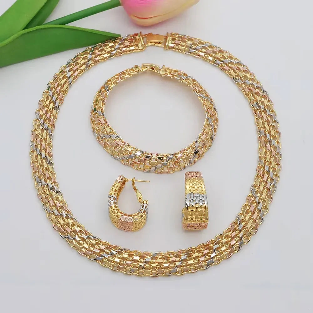 Dubai Luxury Handmade Women Jewelry Set 18k Gold-Plated Chain Necklace Bracelet Stud Earring Full Set Party Wedding Bijoux