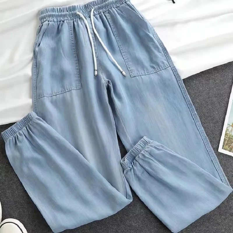 Summer Thin Ice Silk Jeans Women Elastic High Waist Drawstring Harem Pants Loose All-matched Beam Leg Nine Points Denim Pants