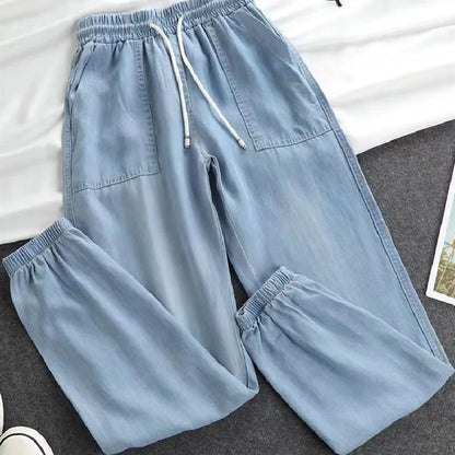 Summer Thin Ice Silk Jeans Women Elastic High Waist Drawstring Harem Pants Loose All-matched Beam Leg Nine Points Denim Pants