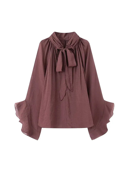 Bow DecorationLoose Long Sleeved Blouses For Women New Fashion Ruffle Edge Shirts and Blouses Woman Top
