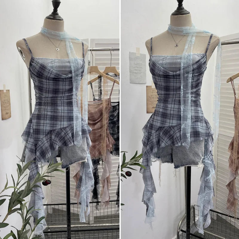 Y2K Plaid Camisole for Women Summer Casual Lace Scarf Breathable Stretch Mesh Patchwork Asymmetrical Ruffle Slim Tops