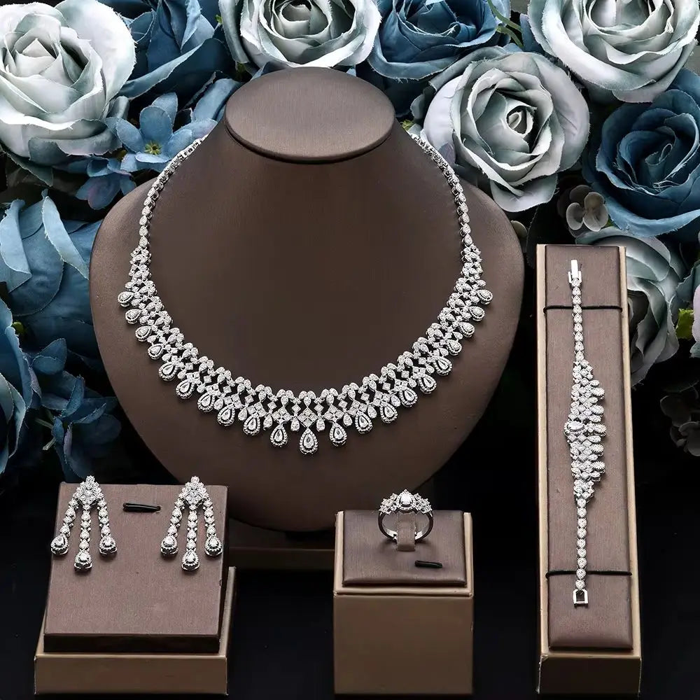 Luxury 4 Pieces Bridal Wedding Jewelry Set for Women Sparkling Cubic Zirconia Nigeria Bride Accessories