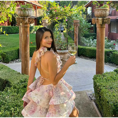 Backless Party Dress Women Elegant 3D Flower Print Sling Lace Up Ruffle A-line Mini Evening Dresses Female 2025 Summer Swimwears