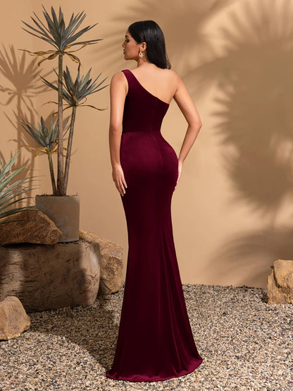 One-shoulder pleated slit velvet dress, elegant and chic dress