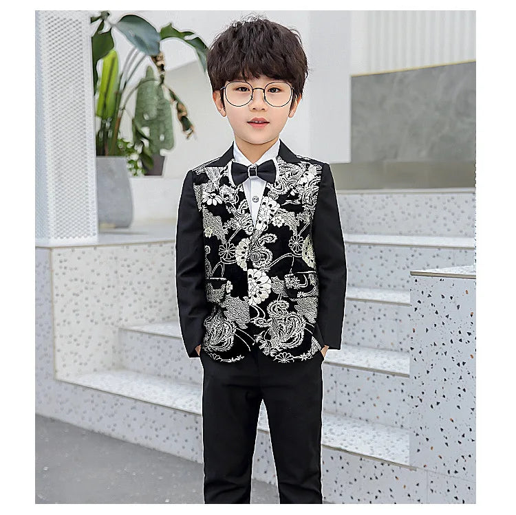 Children Formal Dress Kids Flower Jacket Pants Bowtie 3PCS  Piano Costume Boys Bronzing Show Host Handsome Photography Suit