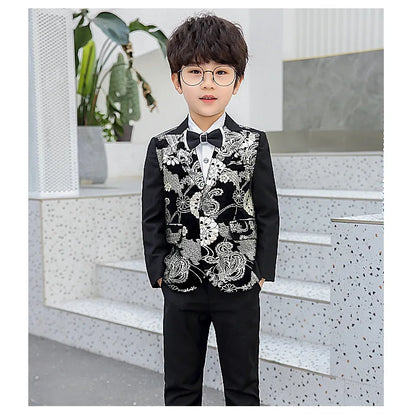 Children Formal Dress Kids Flower Jacket Pants Bowtie 3PCS  Piano Costume Boys Bronzing Show Host Handsome Photography Suit