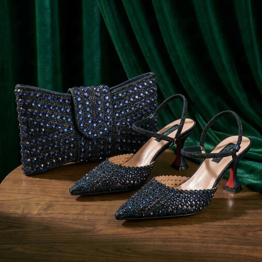 Navy Blue New Design Envelope Matching Shoulder Bag & High Heels Set Nigerian Fashion Ladies Party Daily Commute Shoes Bag
