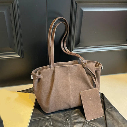 Suede Shoulder Bags for Women Large Suede Totes Lightweight Underarm Bag Casual Shopper Handbag Solid Color Travel Bucket Bags