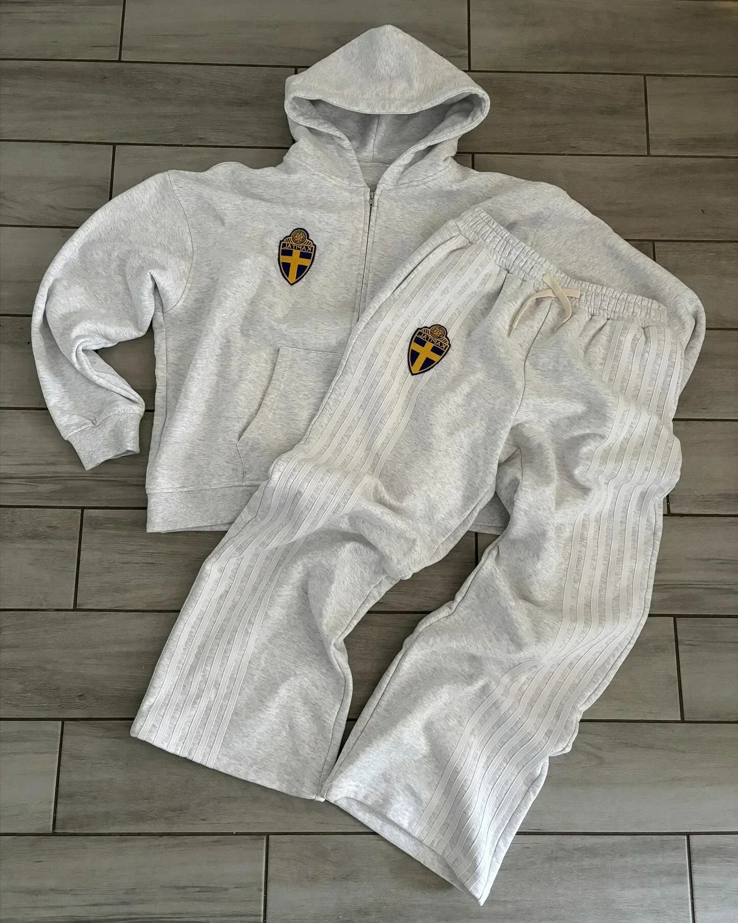 Y2K Zip Hooded Sweatpants Set Men Two Piece Hip Hop Embroidered Vintage Stripe Oversized Hooded Sweatshirt Casual Pants Set