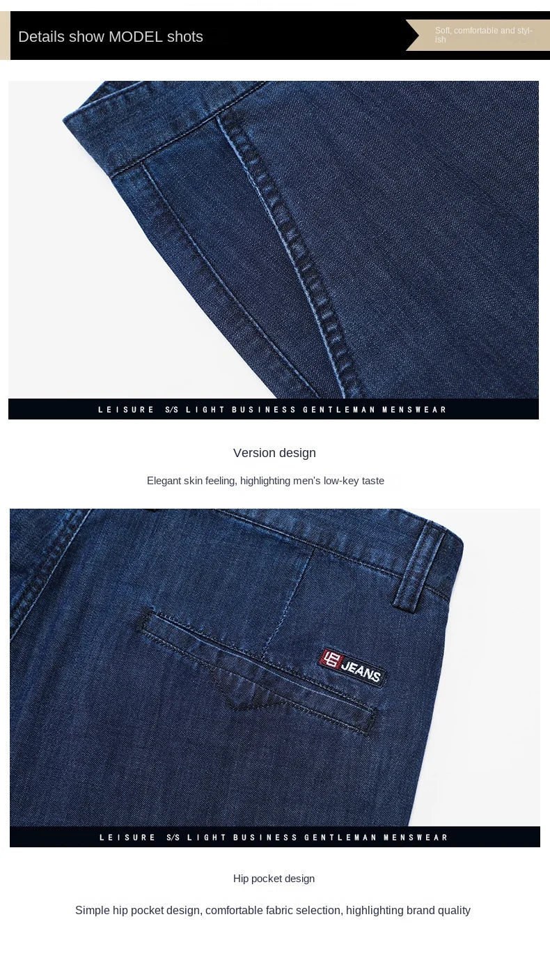 2026 Brand High Lyocell  Men's Fit Straight Lightweight Cotton Stretch Denim Business Casual High Waist Thin Light Grey Jeans