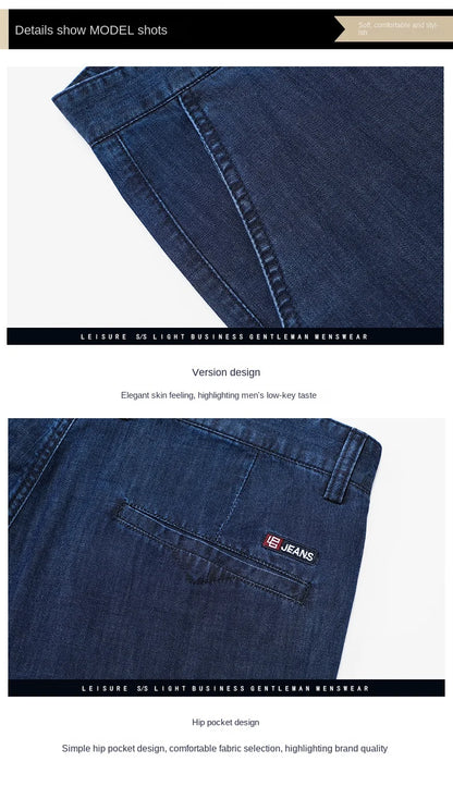 2026 Brand High Lyocell  Men's Fit Straight Lightweight Cotton Stretch Denim Business Casual High Waist Thin Light Grey Jeans