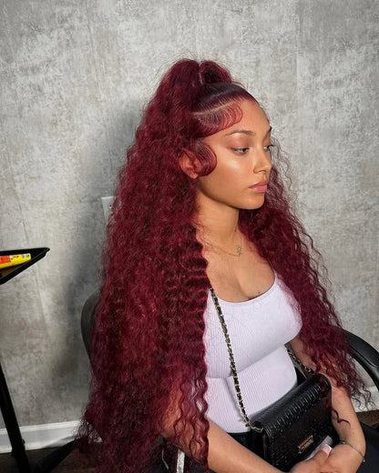 99J Burgundy Lace Front Wigs Human Hair 13x6 Deep Wave HD Lace Frontal Wigs Pre Plucked Human Hair Curly Wigs for Women 36 Inch