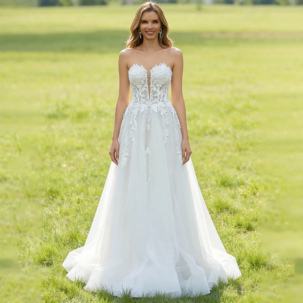 Popular Strapless V-neck 3D Flower Lace Applique A Line Wedding Dresses Sweep Train Custom Made 2025 Vestido De Noival