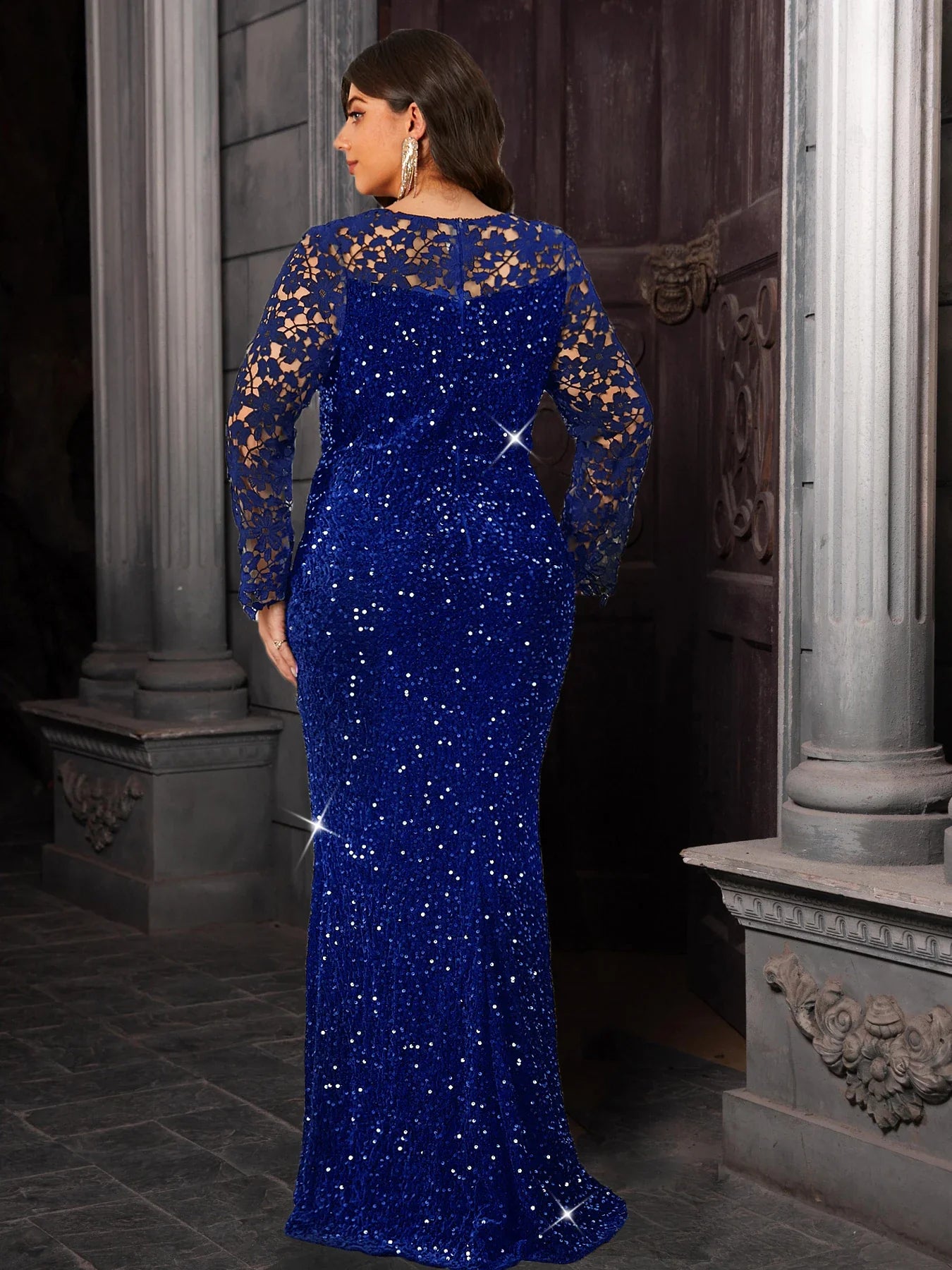 Elegant Curve Evening Dress for Women Lace Full Sleeved Sequined Velvet Hollow Out Modest Maxi Gown