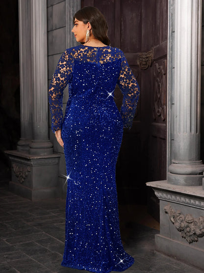 Elegant Curve Evening Dress for Women Lace Full Sleeved Sequined Velvet Hollow Out Modest Maxi Gown
